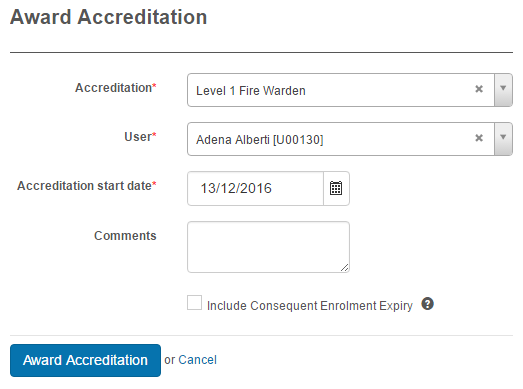 Award accreditation dialog