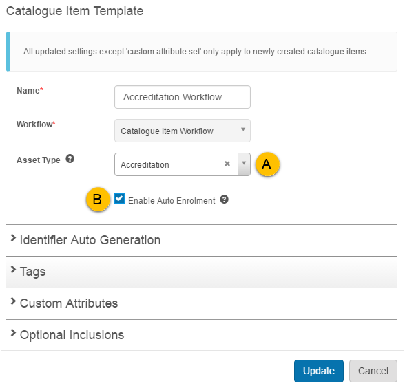 Accreditation template settings