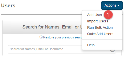 Actions dropdown with Add User option