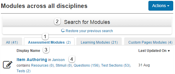 Manage Assessment Modules screen
