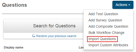 Import Questions menu