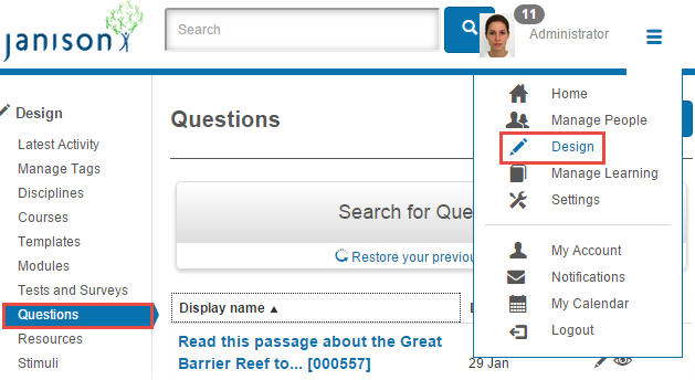 Manage Questions menu