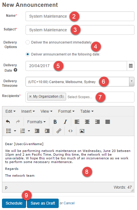 New announcement form