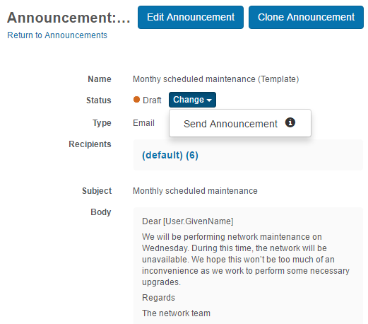 Send Announcement from Change menu