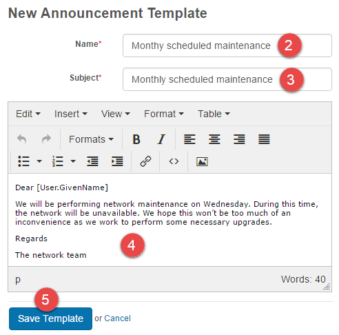 Announcement template form