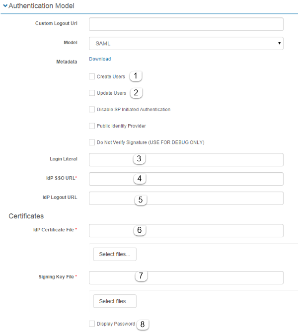 SAML configuration fields