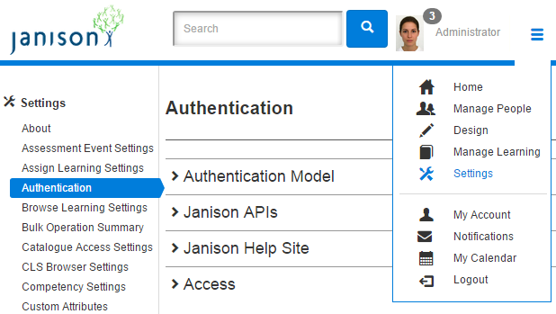 Authentication settings screen