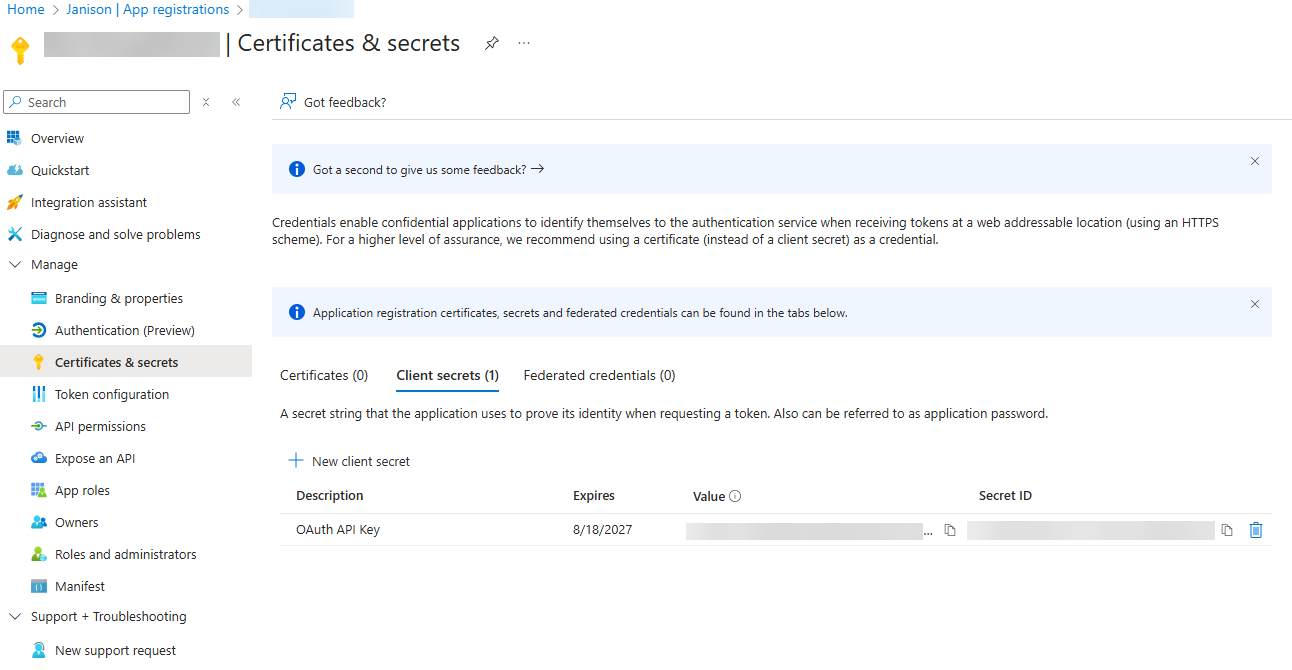 Certificates & Secrets screen
