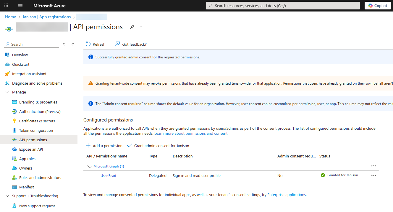 API Permissions screen