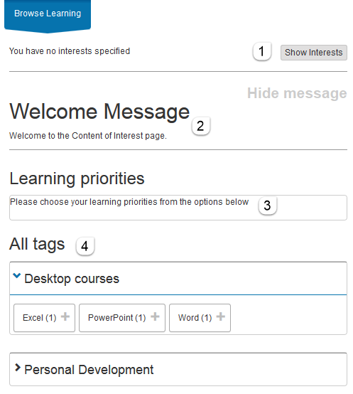 My Interests page for learner