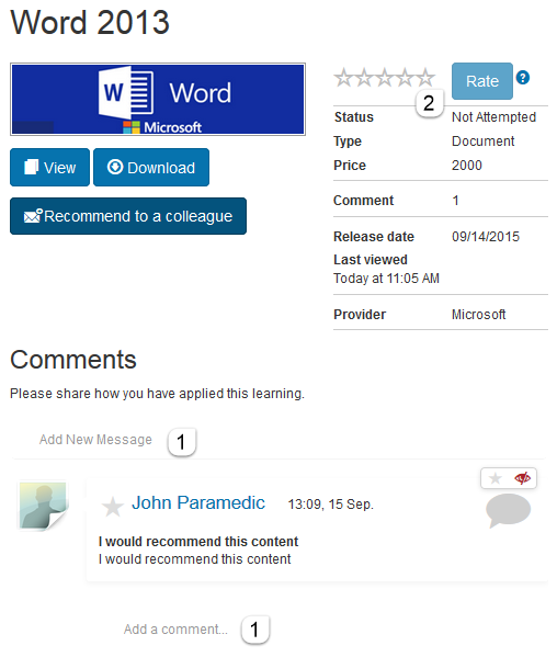 Comments and rating on a catalogue item