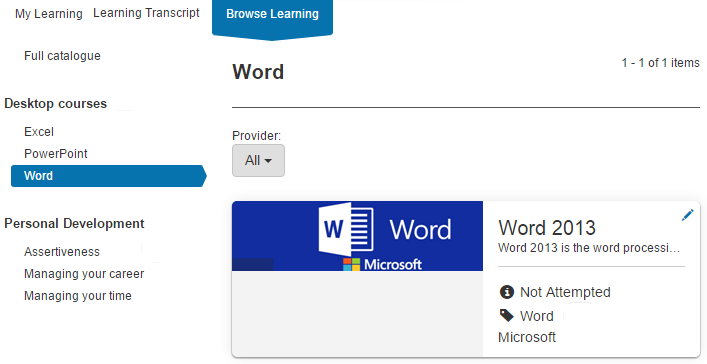 Browse Learning with left-hand menu