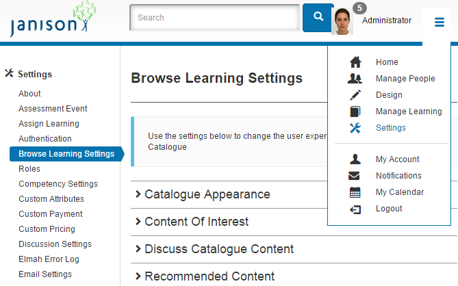 Browse Learning Settings screen