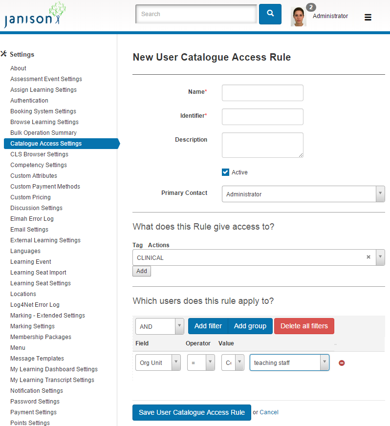 Add User Catalogue Access Rule button