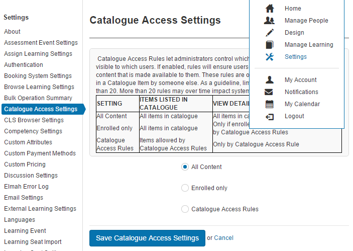 Catalogue Access Settings screen