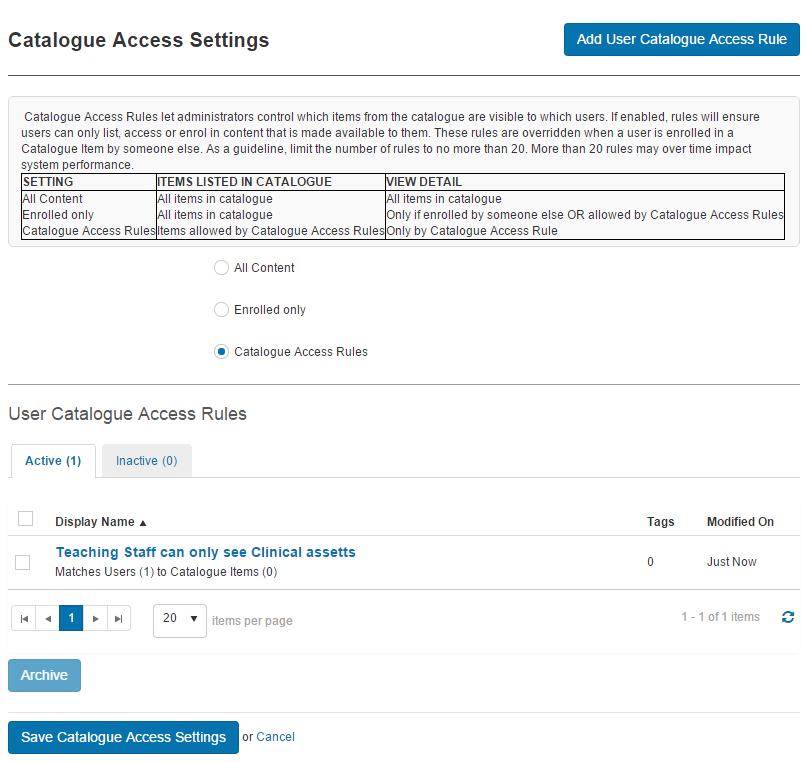 User Catalogue Rules list