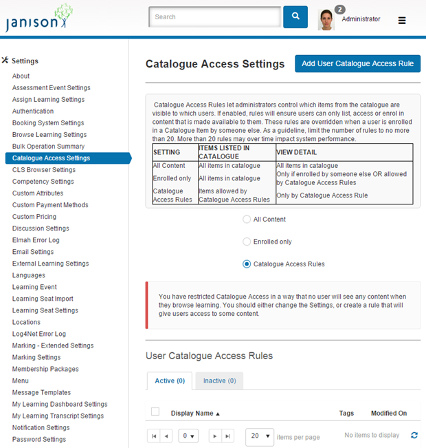Catalogue Access Rules option