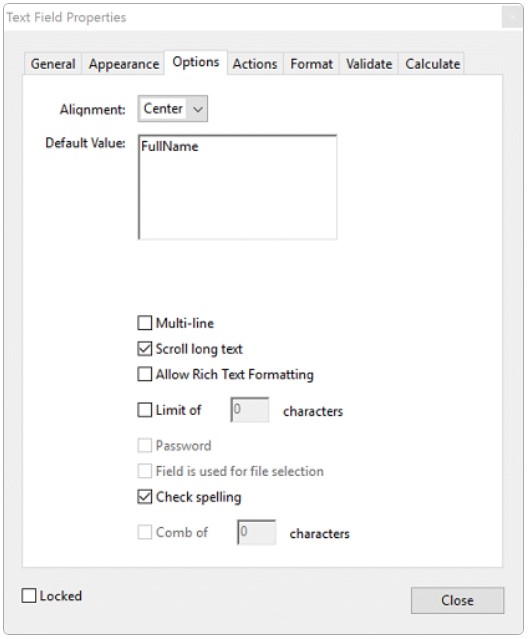 Certificate field — Options tab