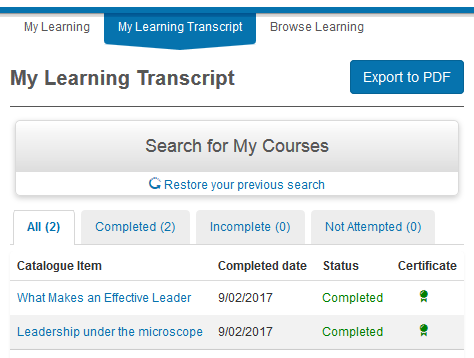 Certificate in My Learning Transcript