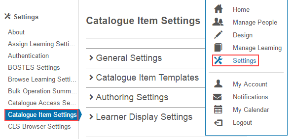 Catalogue Item Settings screen