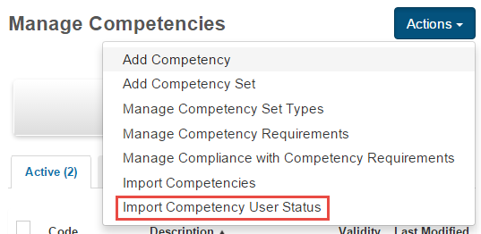 Import Competency User Status menu