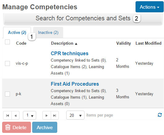 Manage Competencies screen