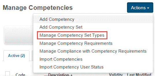 Manage Competency Set Types menu