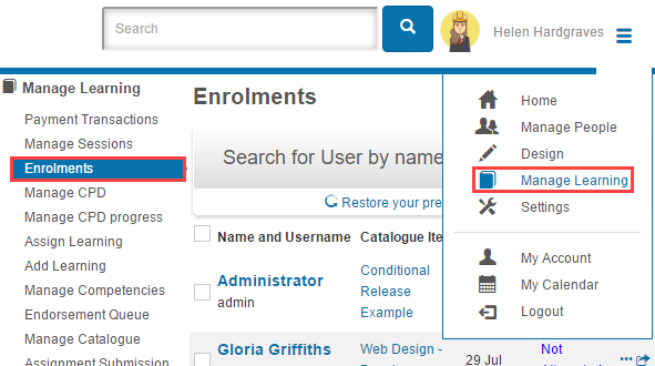 Enrolments menu