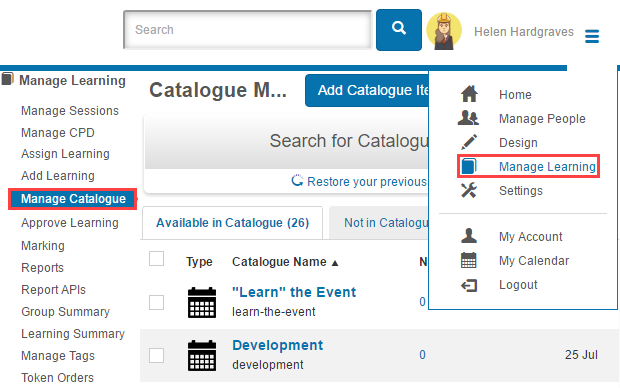 Manage Catalogue menu