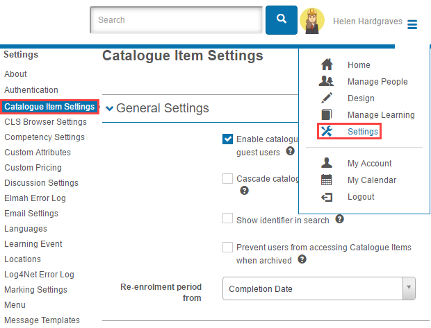 Catalogue Item Settings menu