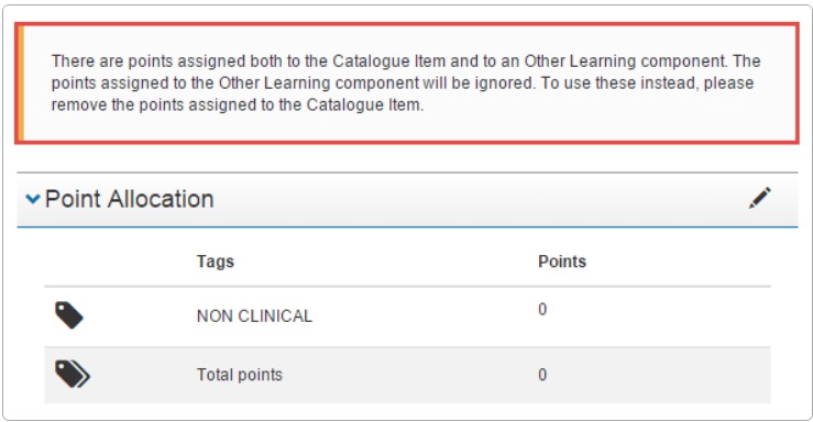 Catalogue item points warning