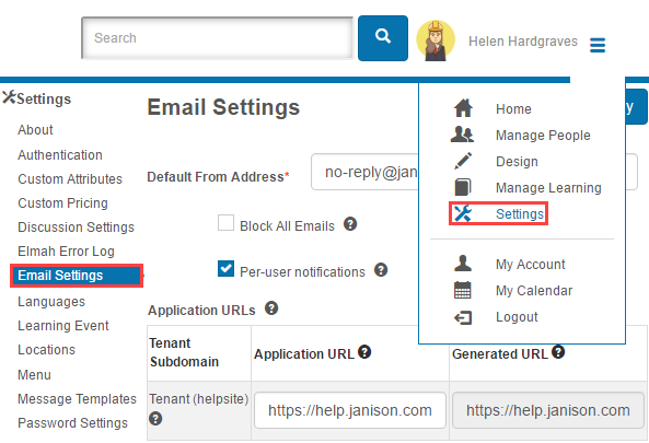 Email Settings screen