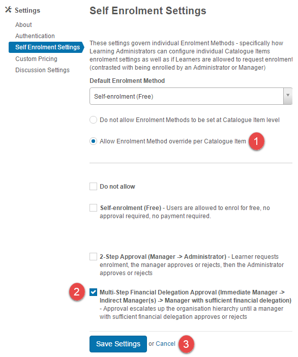 Self-enrolment settings