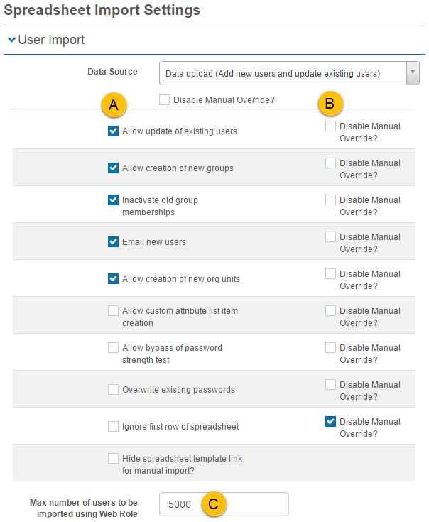 Spreadsheet Import Settings screen