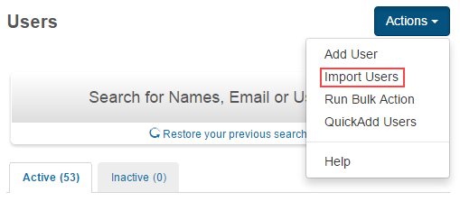 Import Users option in Actions menu