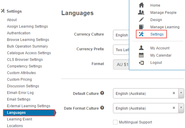 Languages settings screen
