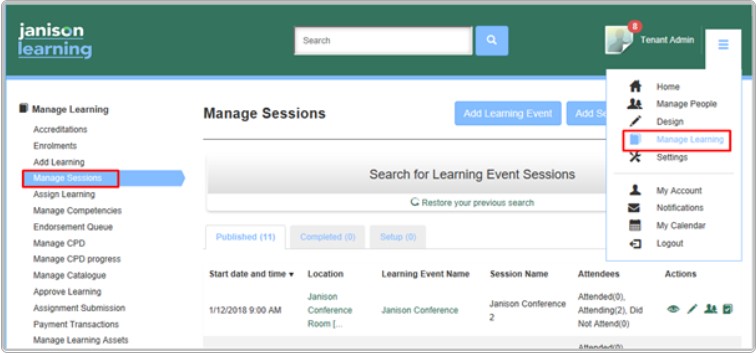 Manage Sessions menu