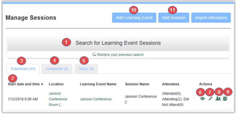 Manage Sessions screen