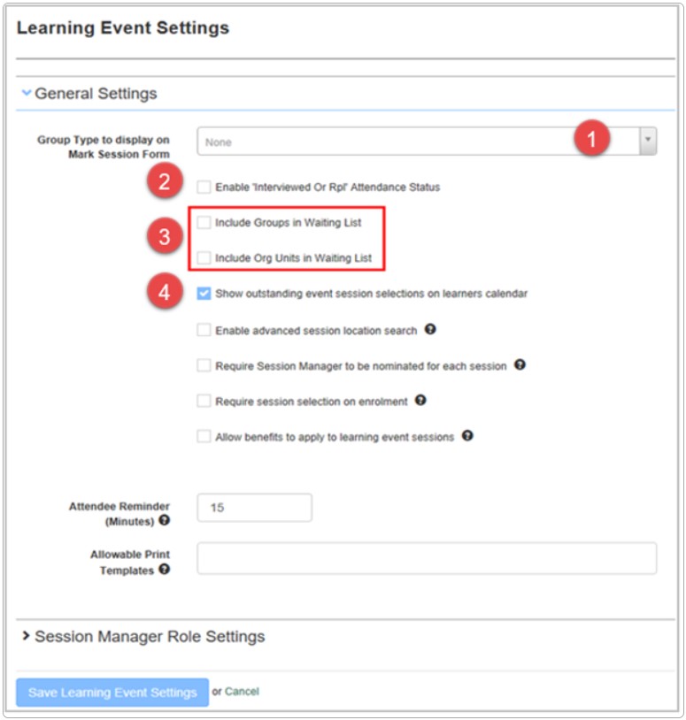 Learning Event settings