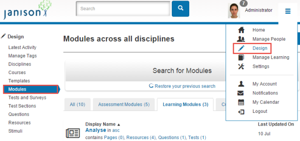 Manage Modules screen