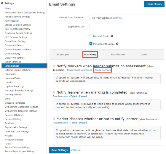 Email settings — Marking