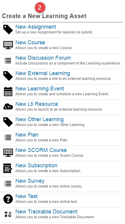 Add Learning Asset — type list