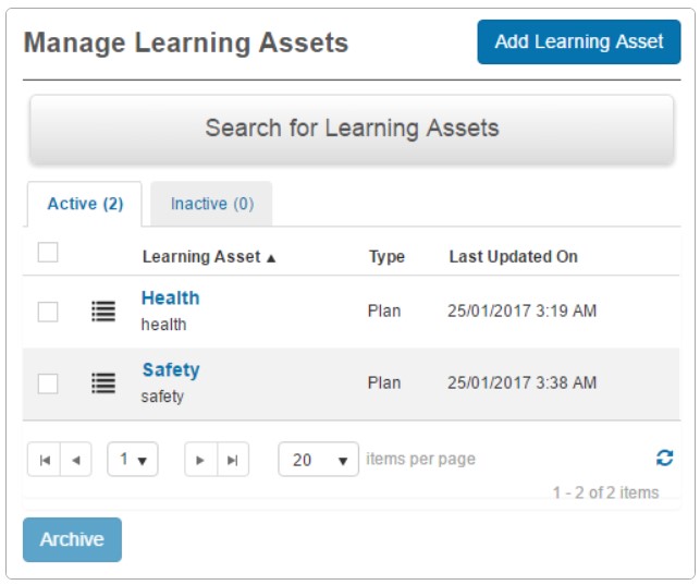 Manage Learning Assets screen