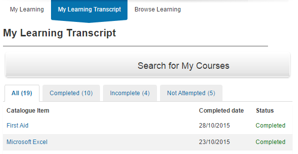 My Learning Transcript page