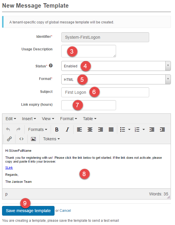 New Message Template form