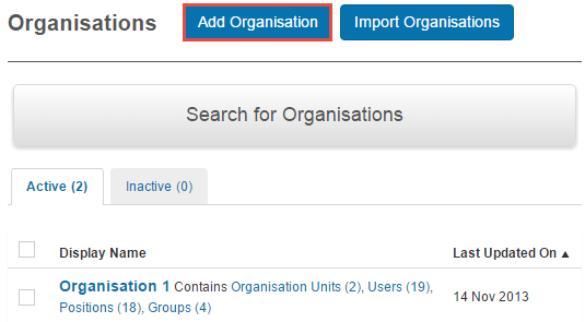Add Organisation button