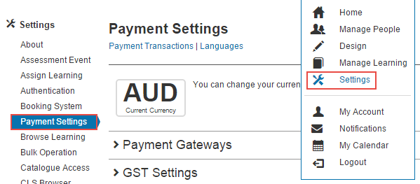 Payment Settings screen