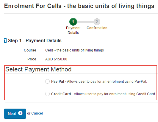 Learner payment screen