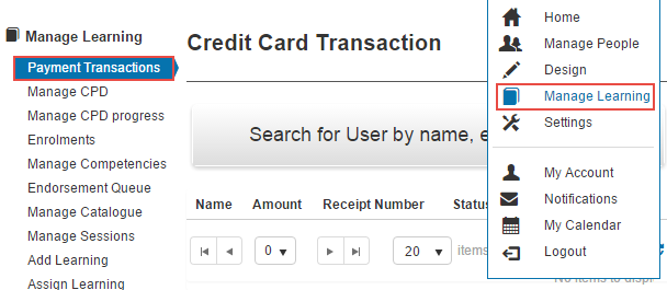 Payment Transactions menu