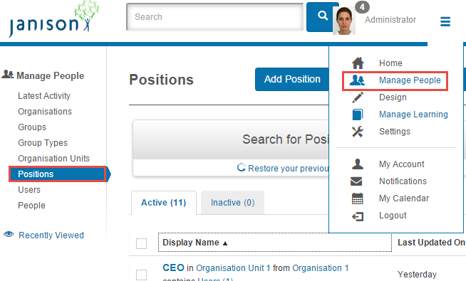 Positions menu